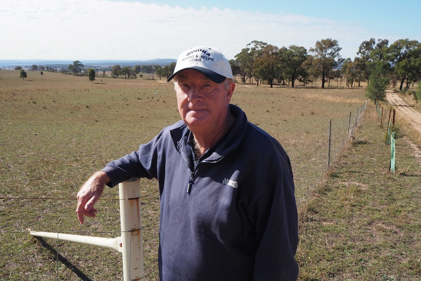 Medium profile shot of a man leaning on a fence with a paddock in the background.