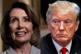 Two portrait photos stitched together show Nancy Pelosi smiling and Donald Trump scowling.