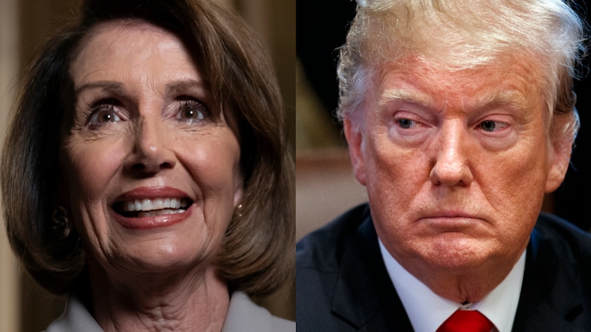 Two portrait photos stitched together show Nancy Pelosi smiling and Donald Trump scowling.