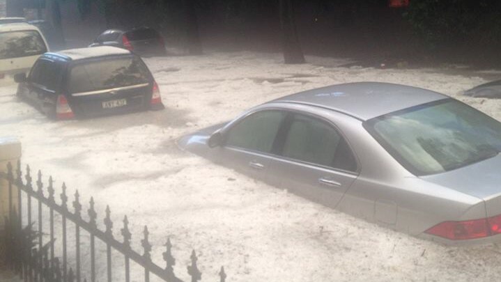 Cars lining the streets in Enmore, Sydney get submerged in storm water.