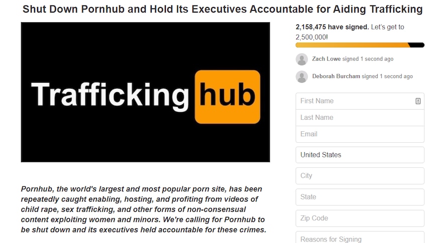 A captured image shows an online petition against Pornhub.
