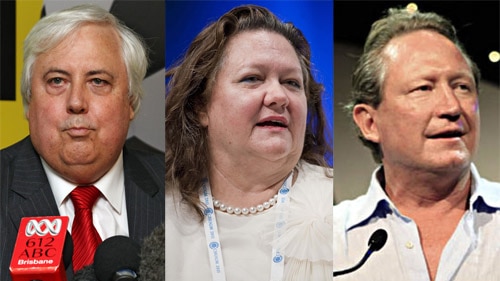 Mining magnates Clive Palmer, Gina Rinehart and Andrew Forrest. (ABC/AFP/AAP)