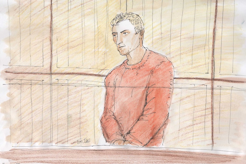 Sketch of accused man Hayden Fenton in the dock.