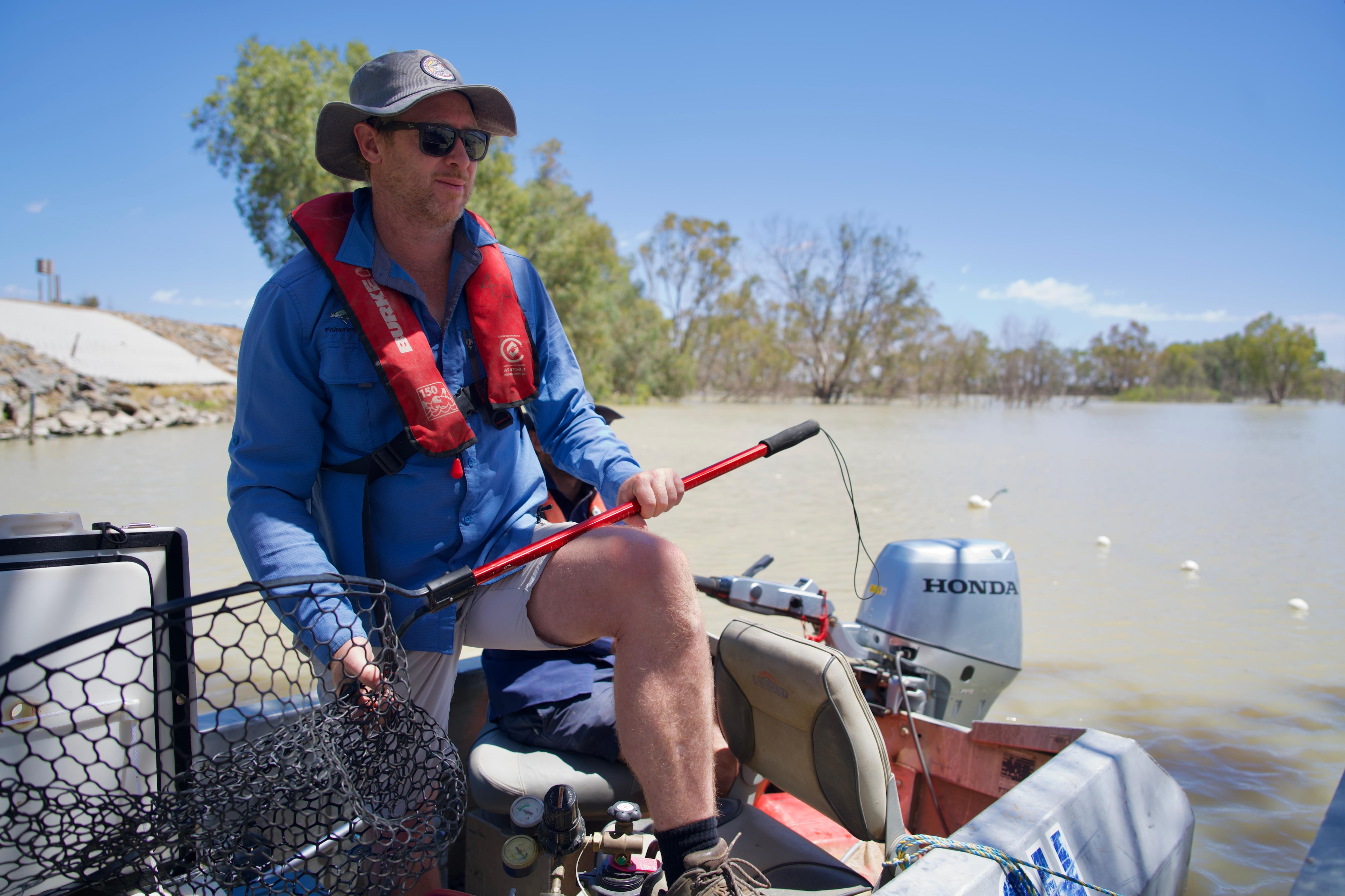 Um homem da NSW DPIRD Fisheries segura uma rede de pesca no Lago Wetherell Menindee