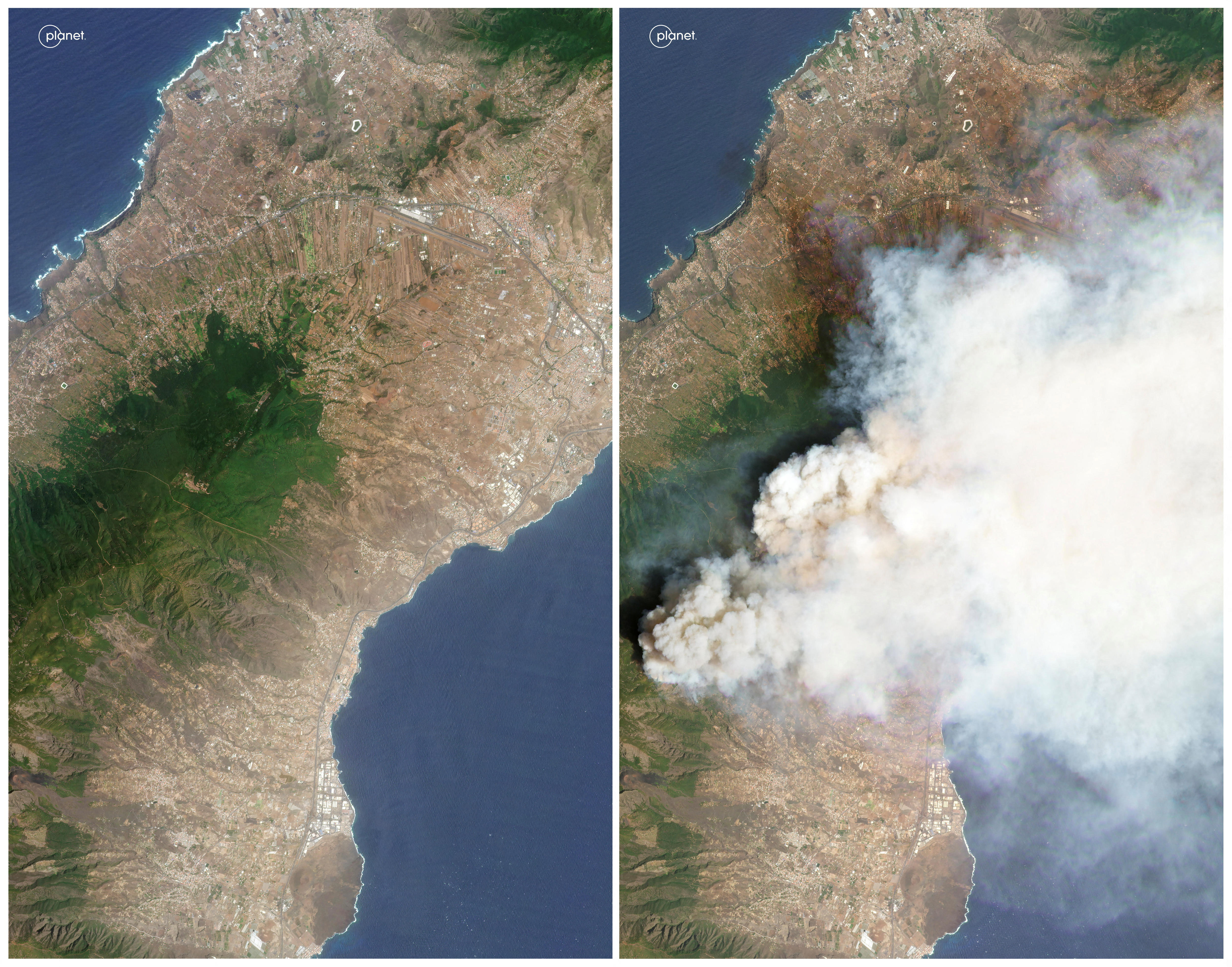 .A combination of satellite images shows the island of Tenerife before and during the wildfire