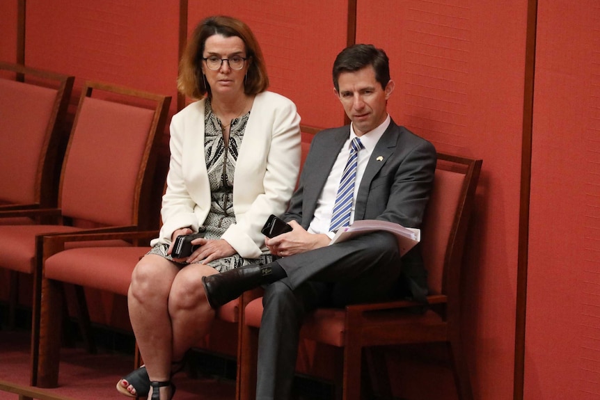 Anne Ruston, with her hands in her lap, and Simon Birmingham, with his legs crossed, sit in the Senate backbenches