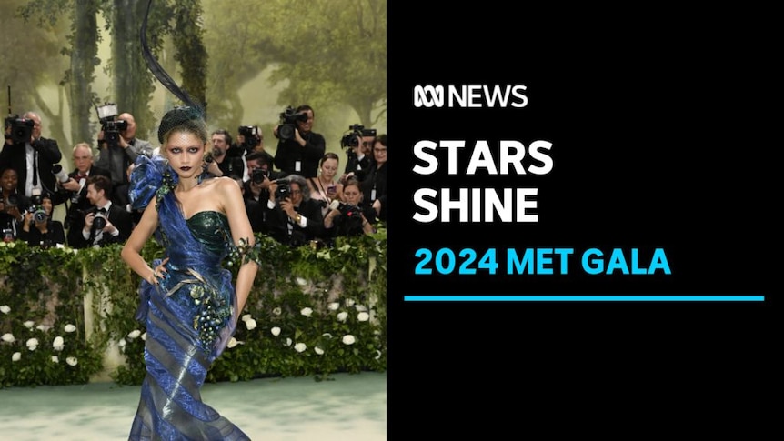 Stars Shine, 2024 Met Gala: A woman in an ornate dress poses while a throng of photographers take pictures behind her.