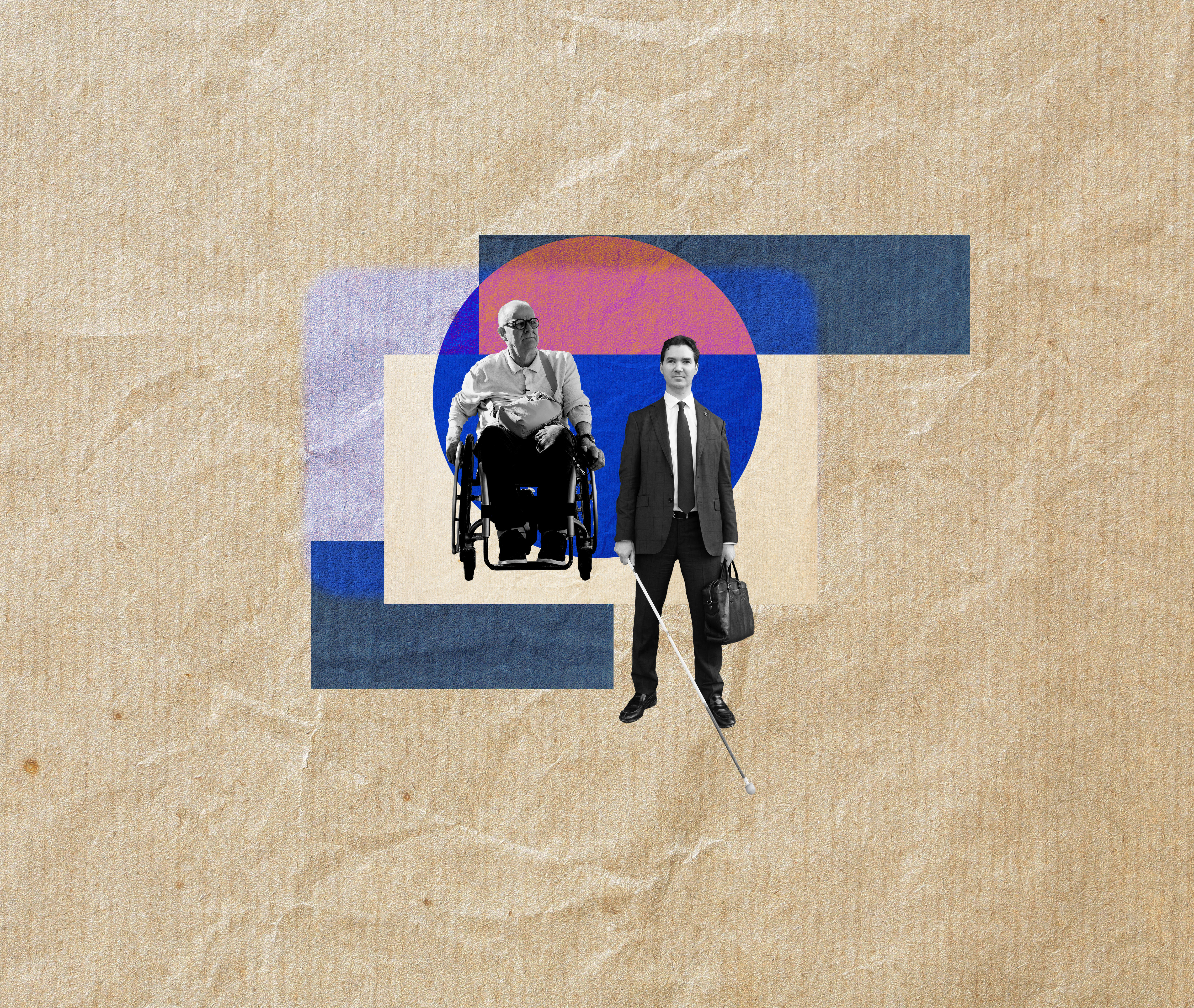 A black and white cutout of a man with a cane and blue shapes are added to the picture