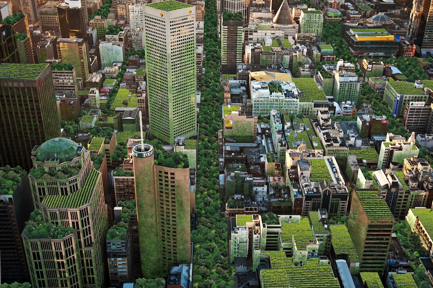 An artist's impression of plant life adorning the rooftops and exterior walls of buildings in Melbourne's CBD.