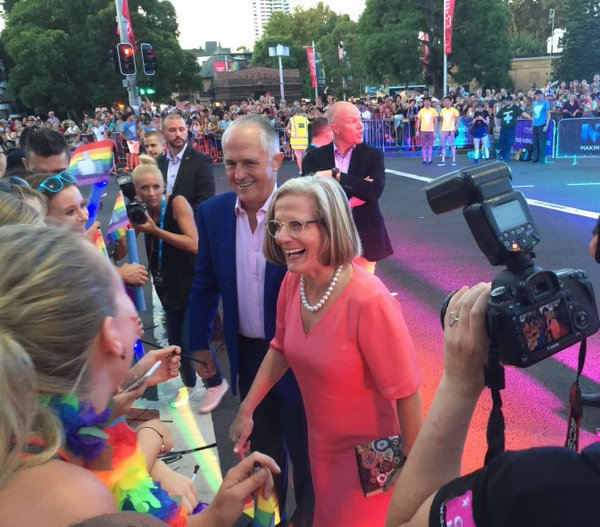 Malcolm Turnbull and his wife Lucy greet crowds at Sydney Mardi Gras
