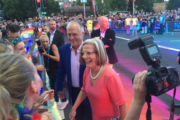 Malcolm Turnbull and his wife Lucy greet crowds at Sydney Mardi Gras