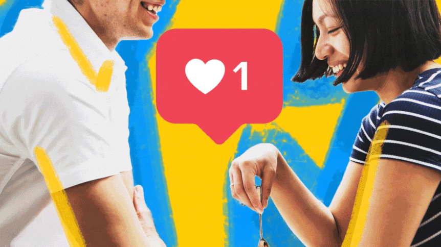 Two people sit across from one another while a heart sticker moves between them to depict dating without apps.