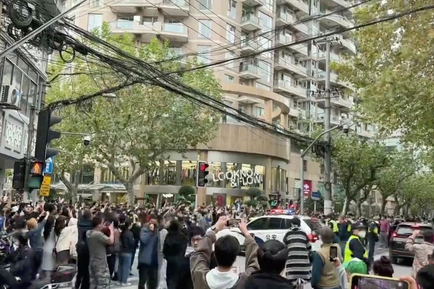 Hundreds of people gather in a street with a police car in the middle of the crowd.