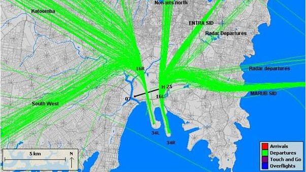 A map of Sydney airport departures show the deviation from radar departures.