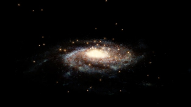 An artist's impression of the Milky Way and the accurate positions of the globular clusters surrounding it.