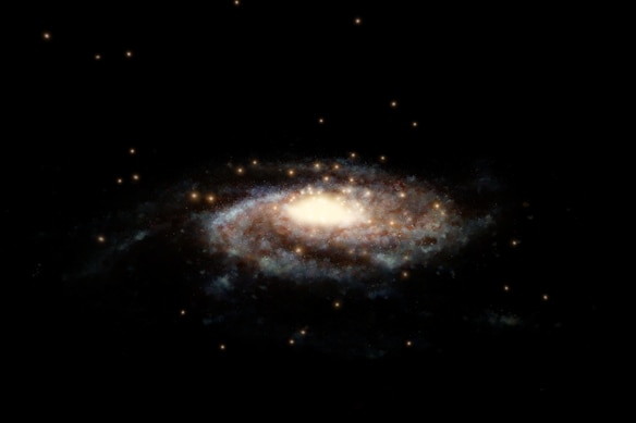 An artist's impression of the Milky Way and the accurate positions of the globular clusters surrounding it.