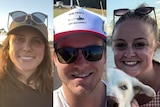A split image of a smiling young woman with brown hair, a young man wearing sunnies and cap, and young blond woman hugging a dog