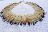 A necklace made from long spiky quills sits on a white background 