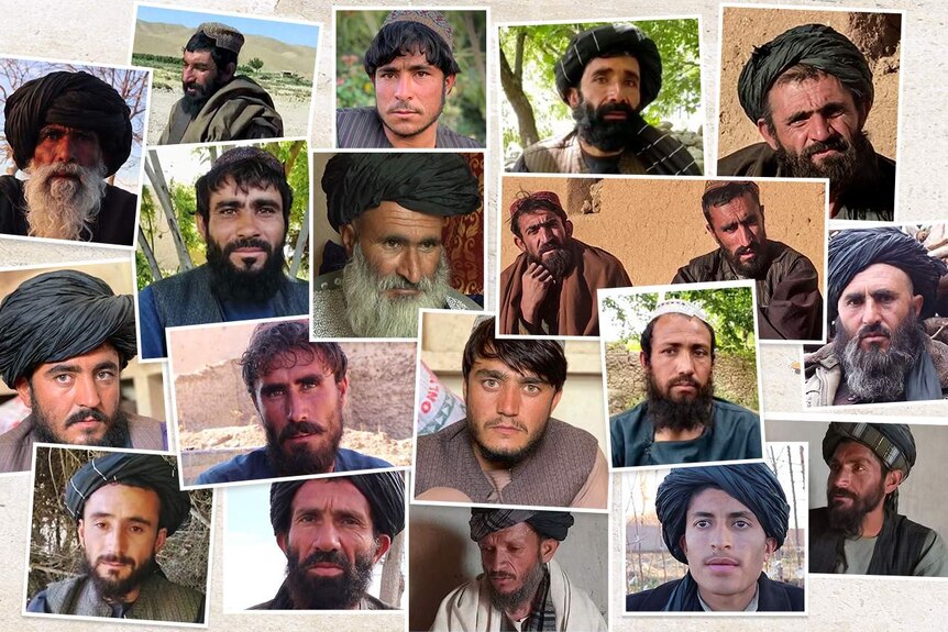 Snapshots of about a dozen Afghan men.