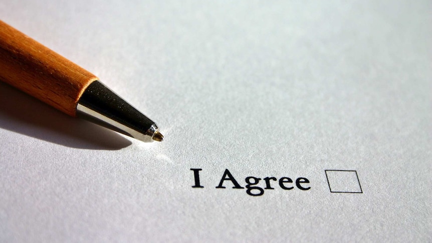 Close-up of a pen resting on a paper contract next to a "I agree" box to depict reading the terms and conditions.