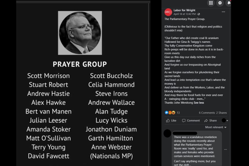 A screenshot of a Facebook Post titled 'prayer group' with a black and white  image of Prime Minister Scott Morrison 