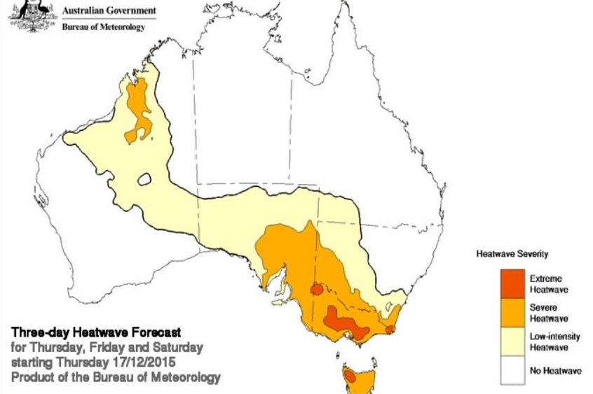 BoM map of hot weather predictions for the three days to Saturday
