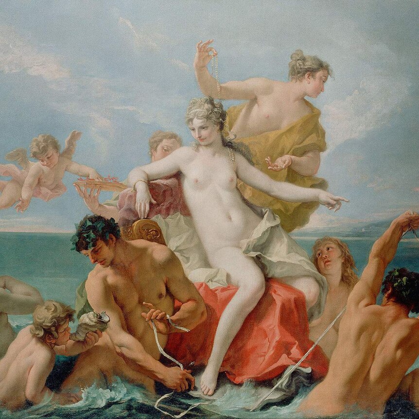 A painting of the goddess Venus on a throne in the sea, surrounded by nymphs, ocean spirits and winged cherubs.