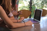 Unidentifiable teenage girls look at a laptop on a bench top while another looks at her iPhone.