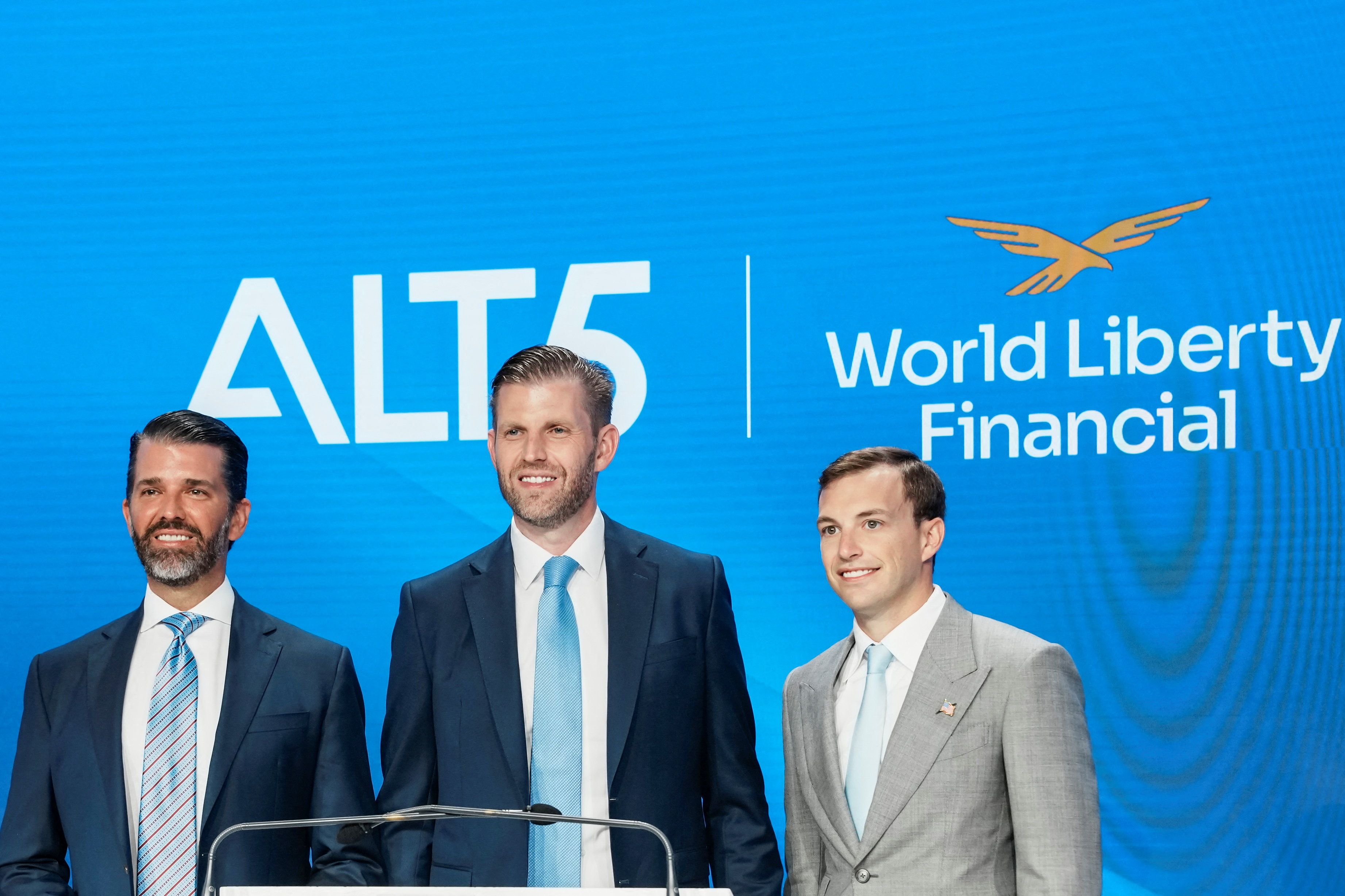 Zach Witkoff, co-founder and CEO of World Liberty Financial, Donald Trump Jr and Eric Trump pose.