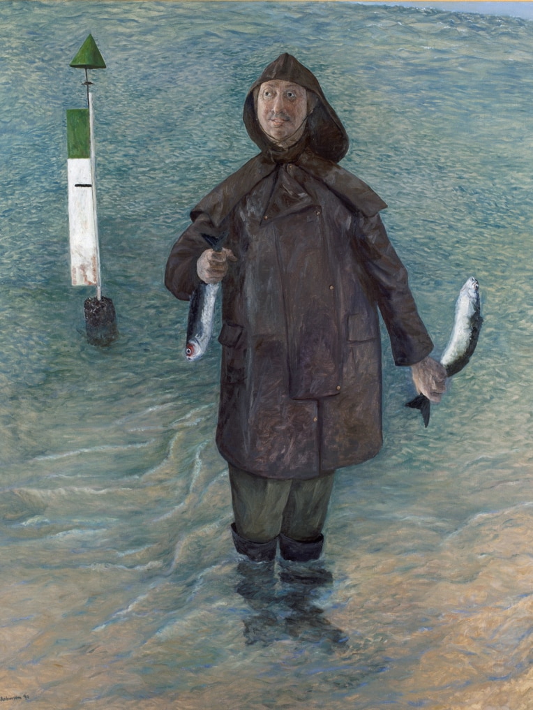 A portrait of a man standing in a flood wearing a raincoat and holding two fish