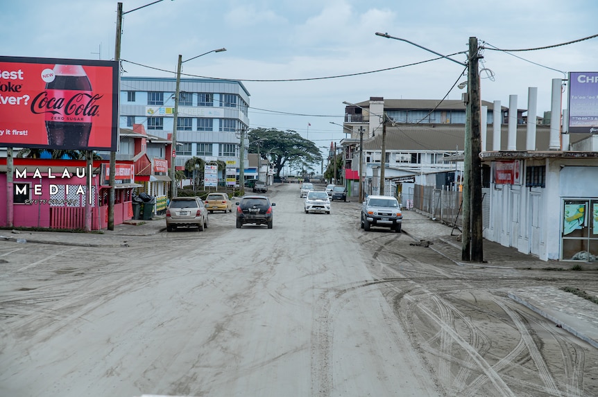 Volcanic ash covers a main street in Tongan capital Nukualofa. 