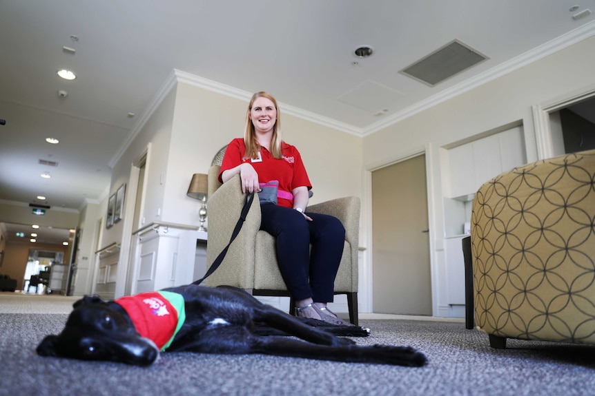 Alana Wade sits in a chair as therapy dog Tiffany lies on the ground.