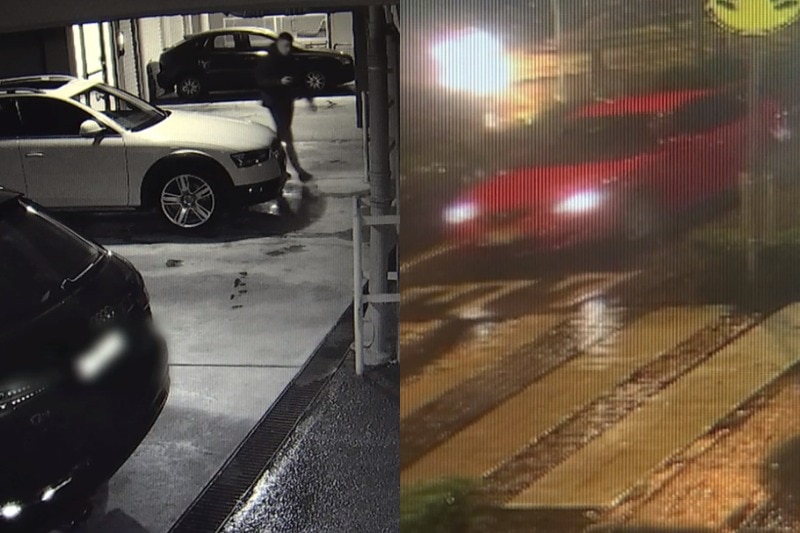 A composite image of a black and white photo of a man in a carpark and a red car on the right