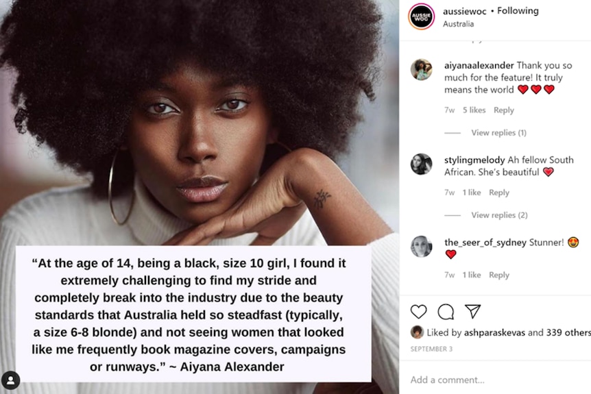 A screenshot of an Instagram post from @aussiewoc featuring a quote and headshot from Aiyana Alexander.
