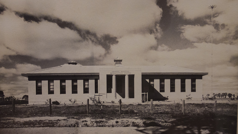 A black and white photograph of the radio transmission building at Cumnock, NSW