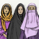 Colourful illustrations of five beautiful women. All wear either a dupatta, chador, niqab, khimar or jilbab