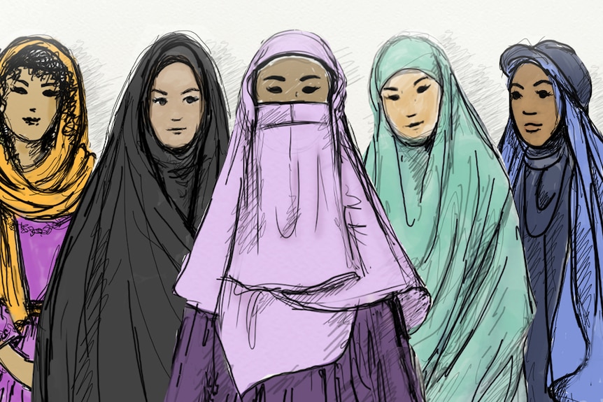 Colourful illustrations of five beautiful women. All wear either a dupatta, chador, niqab, khimar or jilbab