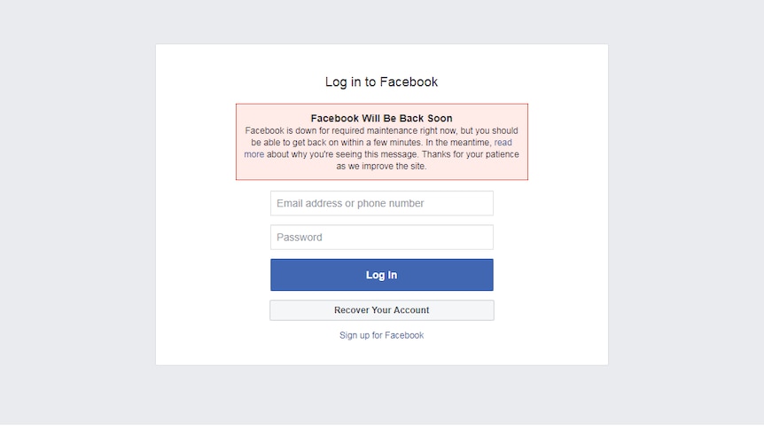 A screenshot shows a Facebook login screen with red text that says Facebook "will be back soon" and is down for maintenance.