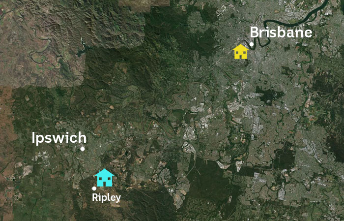 A map showing a family's house near Brisbane and another at Ipswich, south of Brisbane.