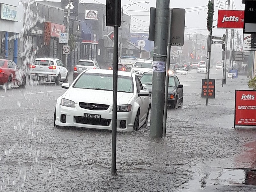 A car sits in flood waters on Sydney Road in Melbourne's north.
