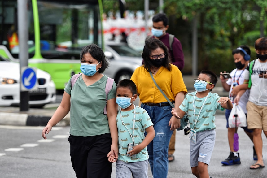 People wearing face masks cross a road, with several children in hand/ 