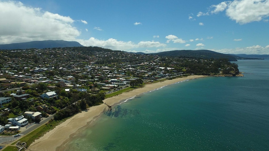 An aerial shot of Blackmans Bay in Tasmania, taken on November 13, 2018.