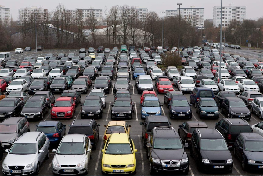 Rows of cars parked in a lot in Germany