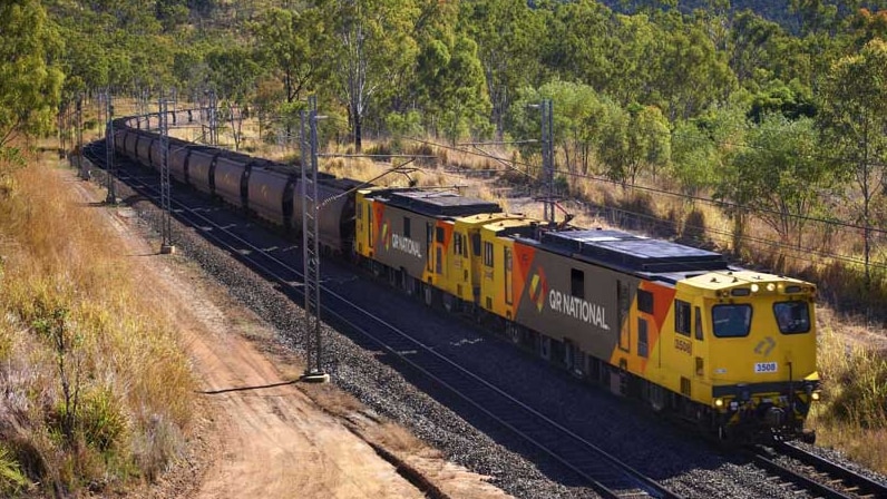 QR National freight train hauling coal in Callemondah, near Gladstone in central Queensland.