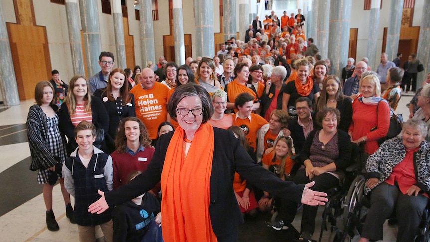 Independent Cathy McGowan (with orange scarf) stands in front of a group of people with arms opened.