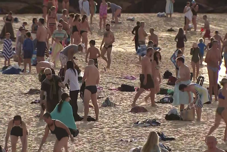 Crowds of people on a beach.