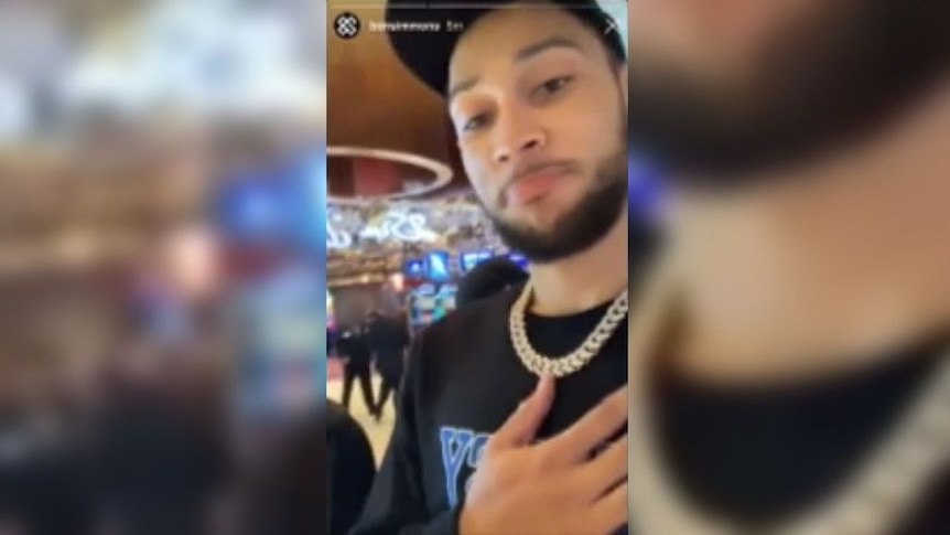 A screenshot from Ben Simmons's Instagram story, which shows him standing on the floor of a Casino looking at the camera.