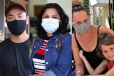 A composite image of three people: A man wearing a black face mask, a woman wearing a white face mask, and a woman with a girl.