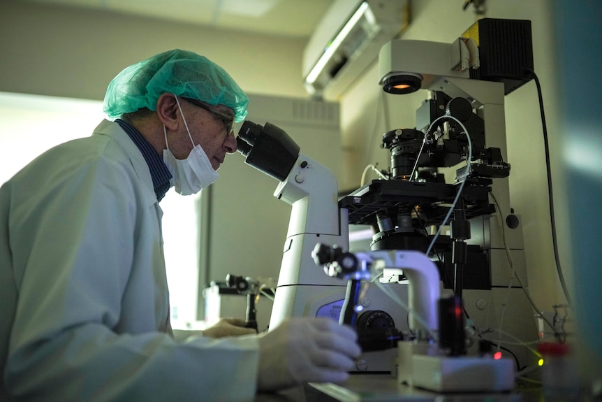 A man wearing a white coat, mask and green hair net stares into a microscope.