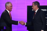 Prime Minister Malcolm Turnbull and Opposition Leader Bill Shorten shake hands after the leaders' debate